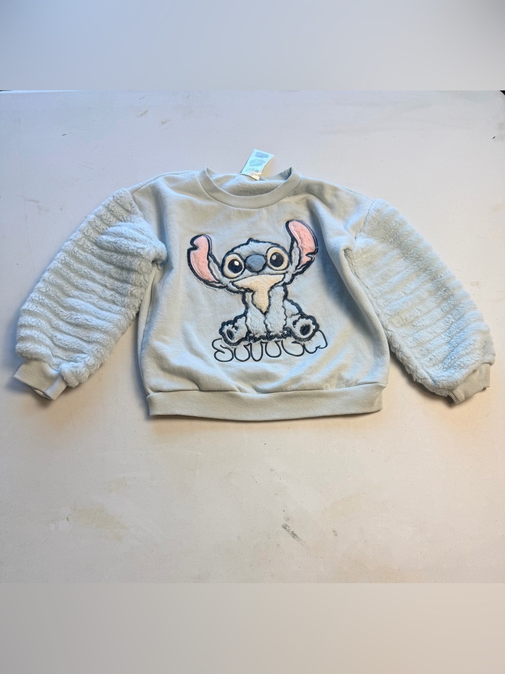 Disney Light Blue Stitch Fuzzy Sleeve Pullover Sweatshirt